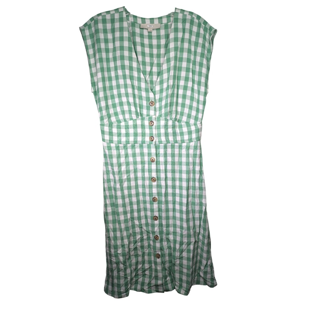 Loft Green Gingham Button Down V-Neck Midi Dress Womens 2 Cottagecore Sleeveless